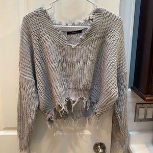 Zaful grey distressed crop sweater